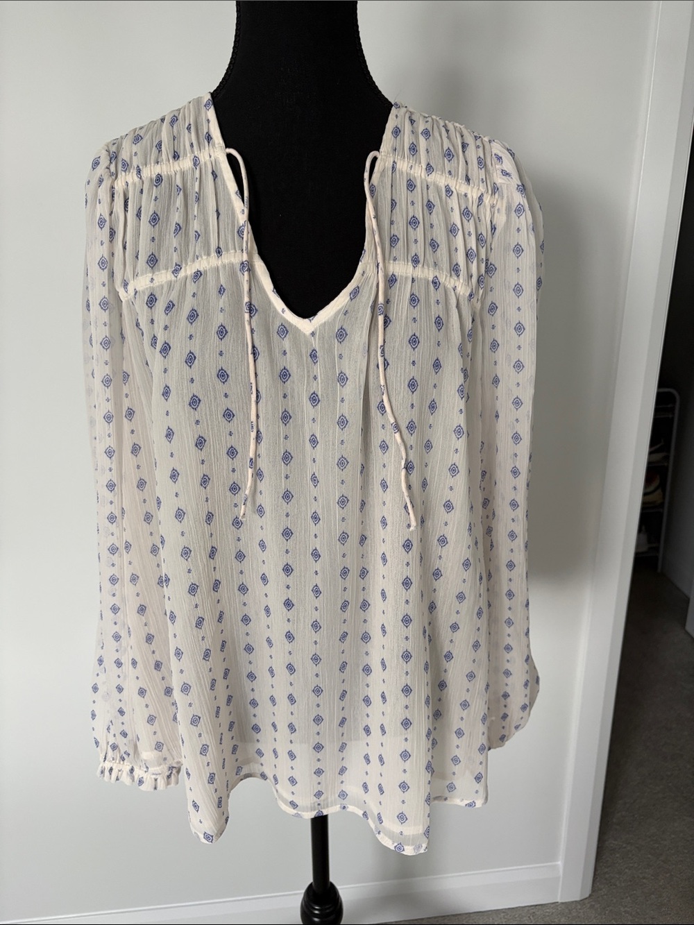 Old Navy Cream Blouse with Blue Geo Print